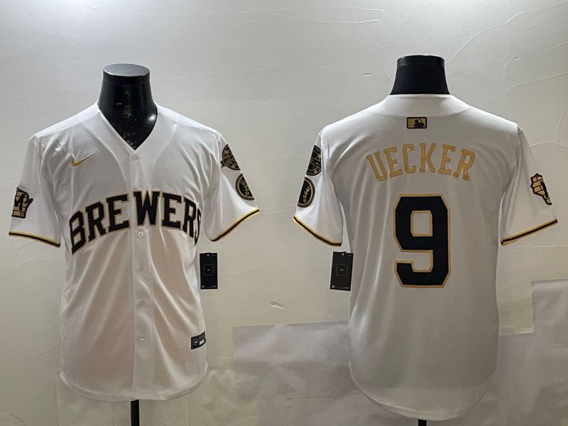 Men Milwaukee Brewers #9 Uecker White Gold Game 2025 Nike MLB Jersey style 1